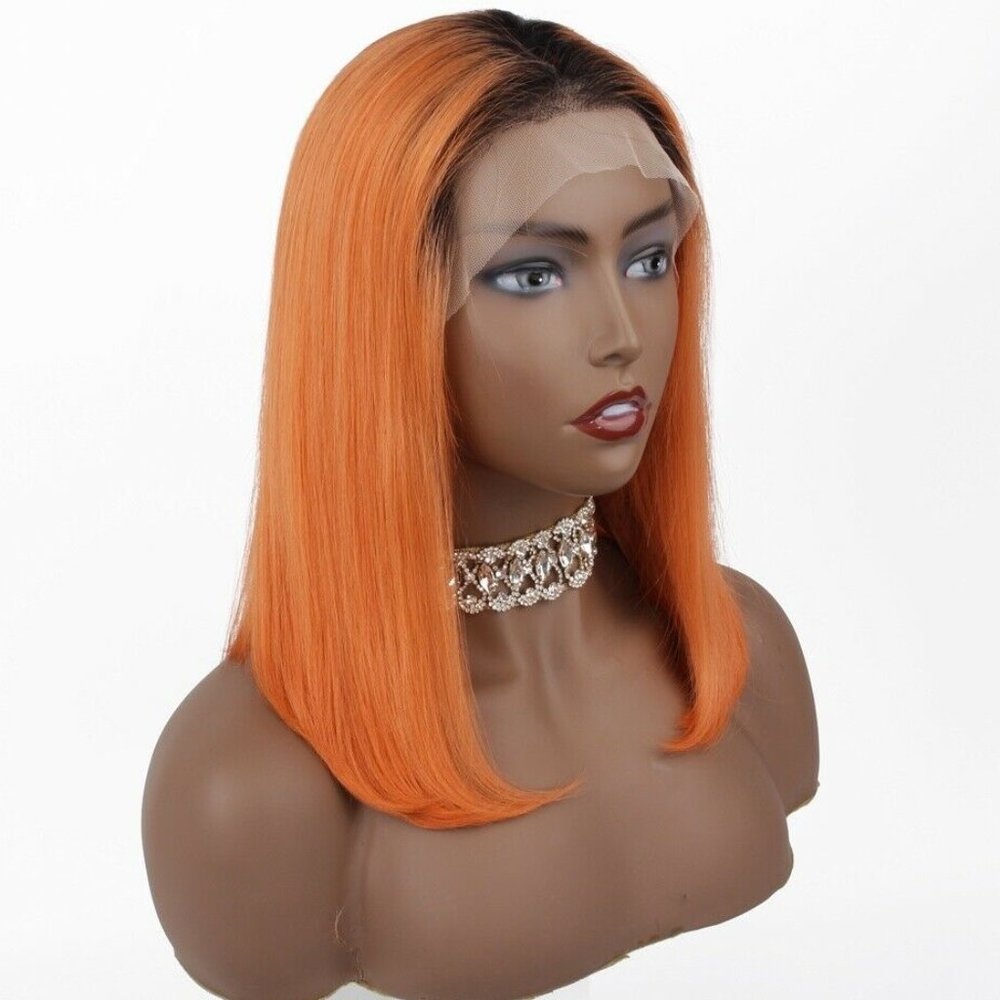 100% Human Hair Lace Front 14"Ombre Orange Bob Wig